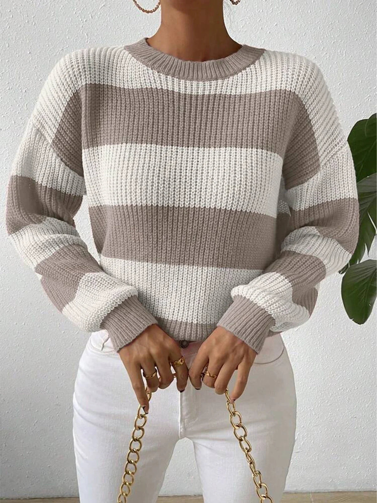 Women’s Stripe Crew Neck Long Sleeve Knit Sweater Pullover