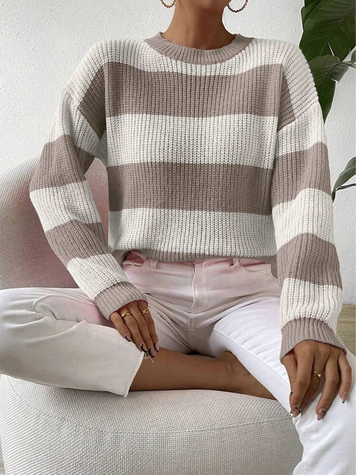 Women’s Stripe Crew Neck Long Sleeve Knit Sweater Pullover