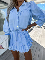 Women’s Striped Long Sleeve Top and Ruffled Shorts 2 Piece Set