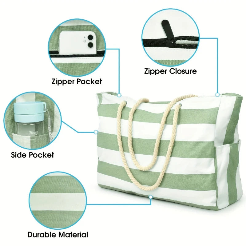 Women’s Striped Rope Handle Tote Beach Bag