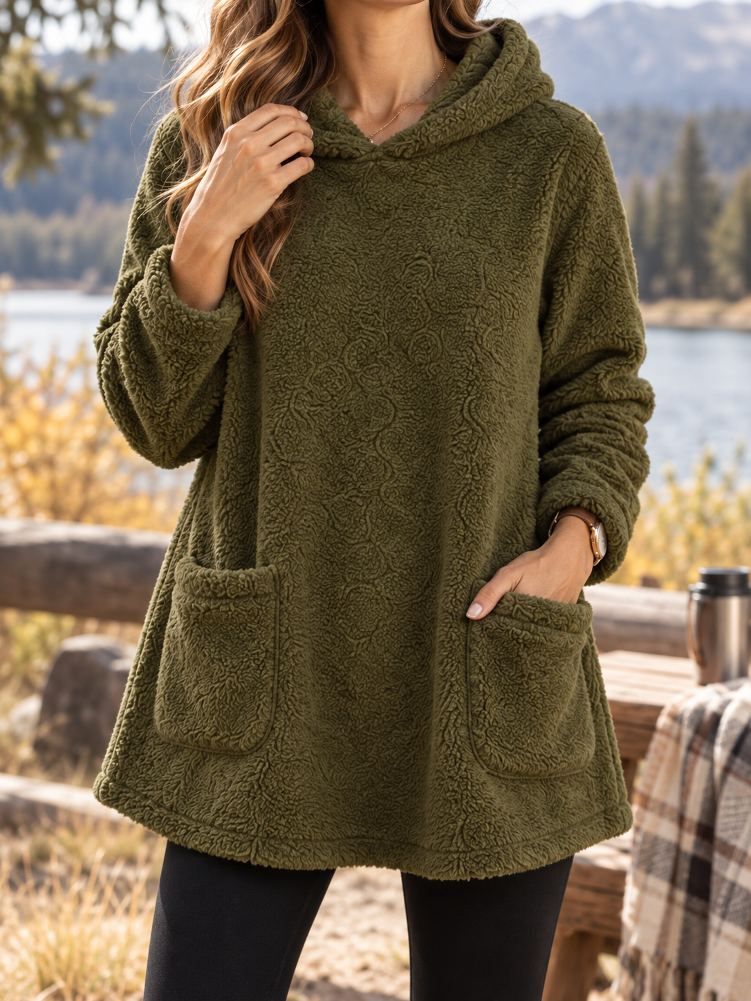 Women's Textured Patch-Pocket Pullover Fleece Hoodie