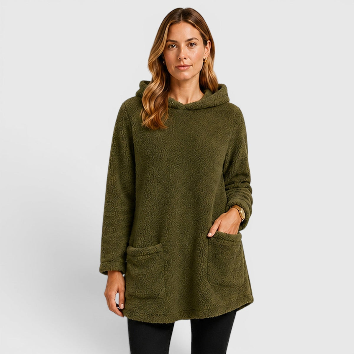 Women's Textured Patch-Pocket Pullover Fleece Hoodie