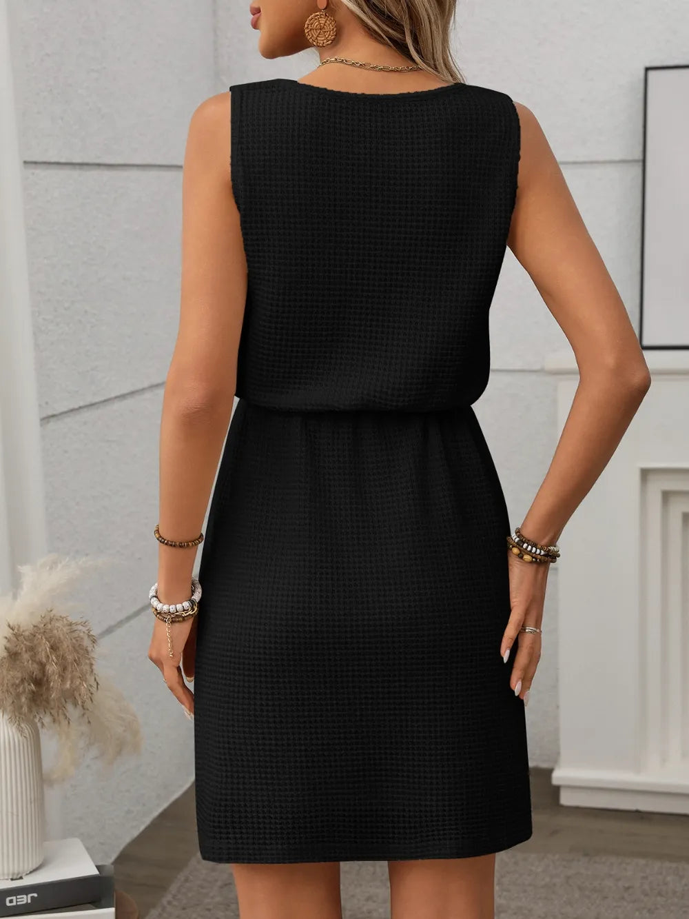 Women’s Textured Sleeveless Drawstring Waist Mini Dress