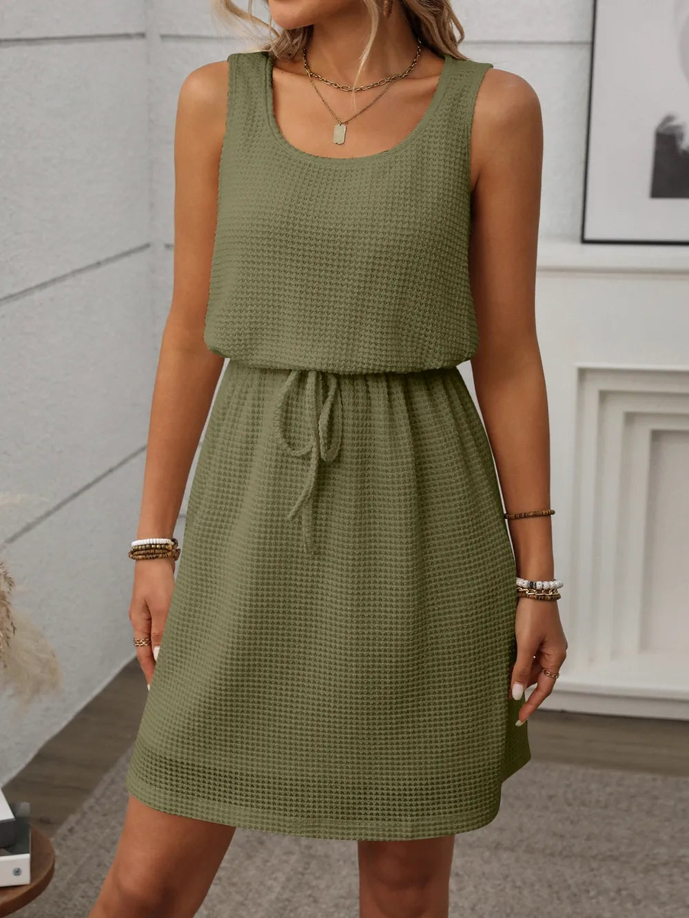 Women’s Textured Sleeveless Drawstring Waist Mini Dress