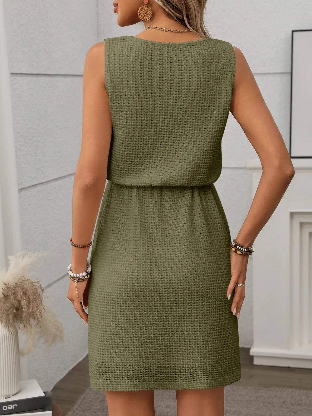 Women’s Textured Sleeveless Drawstring Waist Mini Dress