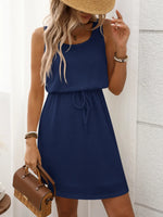 Women’s Textured Sleeveless Drawstring Waist Mini Dress