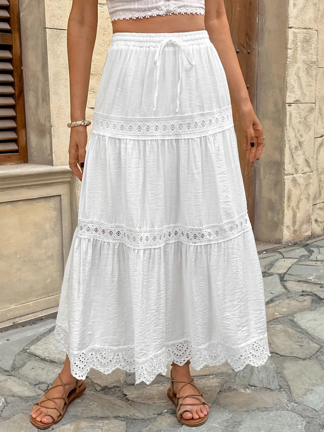 Women’s Tiered Lace Trim Elastic Waist Maxi Skirt
