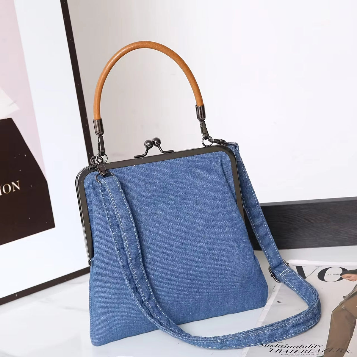 Women’s Top Handle Denim Frame Crossbody Bag