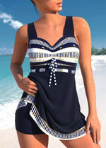Women's Tribal Print Tie Front Cross Back Swim Dress Boyshort Swimsuit