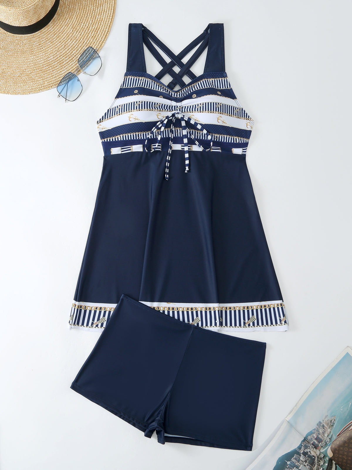 Women's Tribal Print Tie Front Cross Back Swim Dress Boyshort Swimsuit