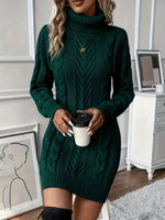 Women's Turtleneck Long-Sleeve Cable Knit Mini Sweater Dress