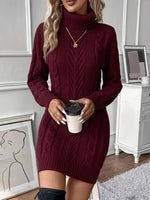 Women's Turtleneck Long-Sleeve Cable Knit Mini Sweater Dress