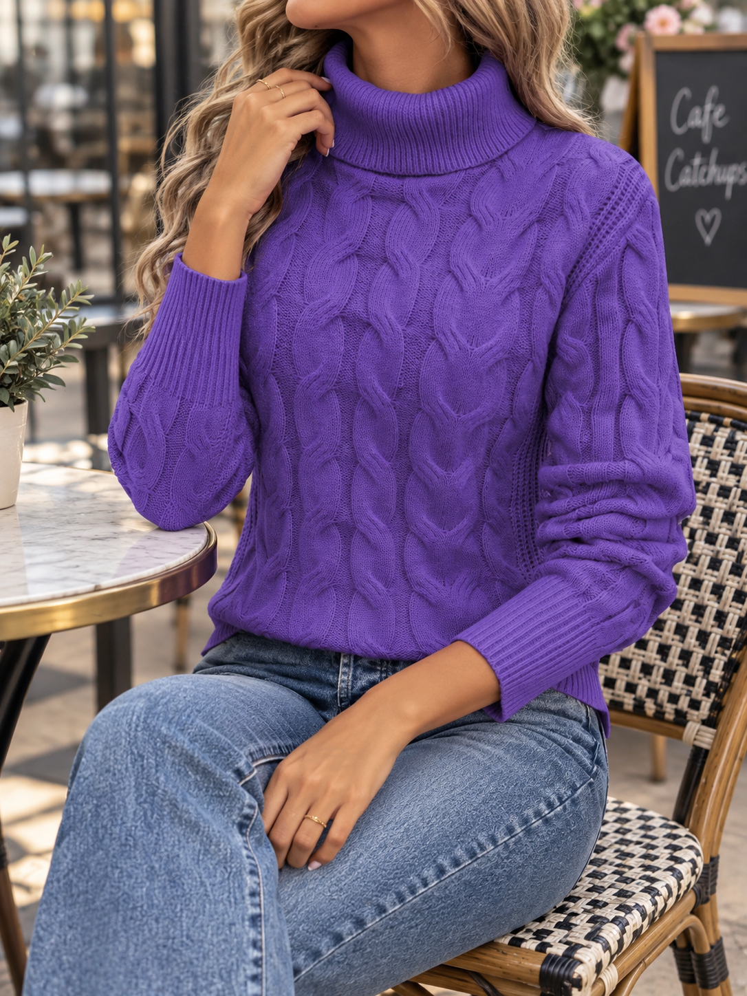 Women's Turtleneck Ribbed-Trim Cable Knit Sweater