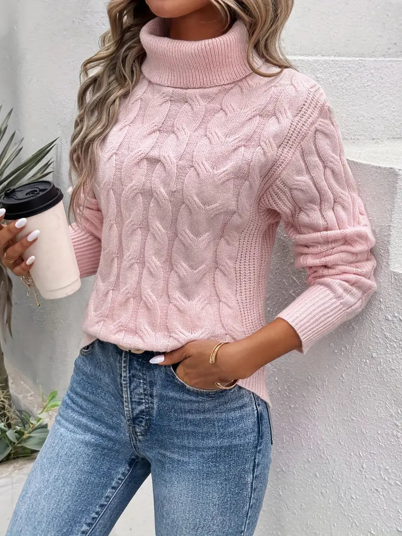 Women's Turtleneck Ribbed-Trim Cable Knit Sweater