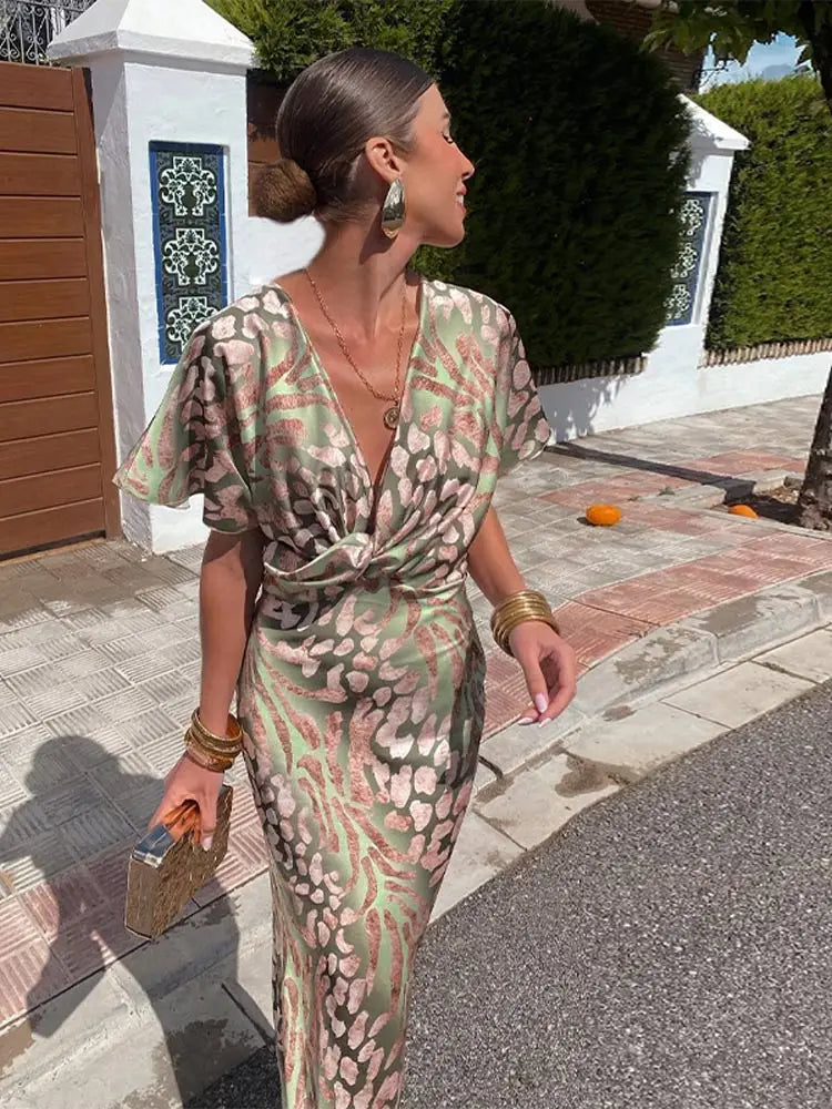 Women’s Twist Front V Neck Maxi Wedding Guest Dress