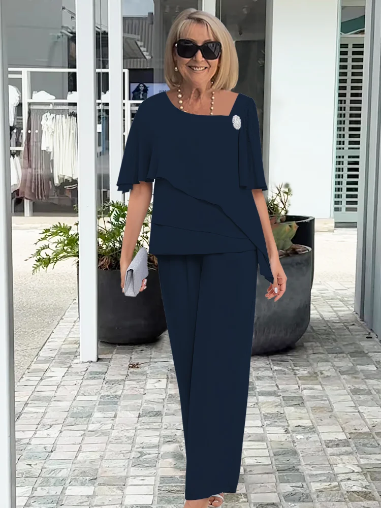 Women's Two-Piece Flutter Sleeves and Straight-Leg Pants Set