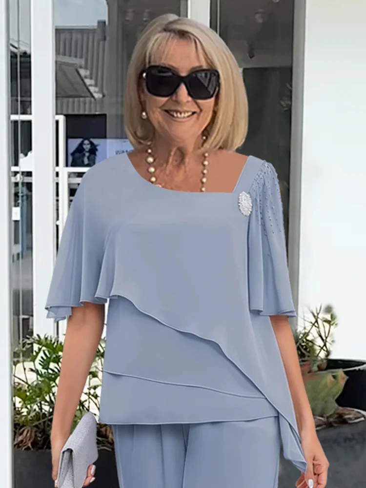Women's Two-Piece Flutter Sleeves and Straight-Leg Pants Set