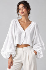 Women's V-Neck Button-Front Balloon-Sleeve Cropped Blouse