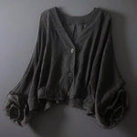 Women's V-Neck Button-Front Balloon-Sleeve Cropped Blouse