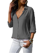 Women's V Neck Long Sleeve Button Down Blouse