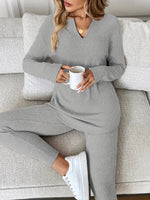 Women’s V-Neck Long Sleeve Ribbed Knit 2 Piece Lounge Set