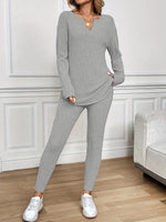 Women’s V-Neck Long Sleeve Ribbed Knit 2 Piece Lounge Set