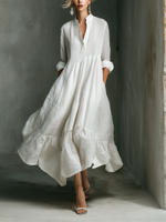 Women's V-Neck Long Sleeve Ruffled Hem White Maxi Dress