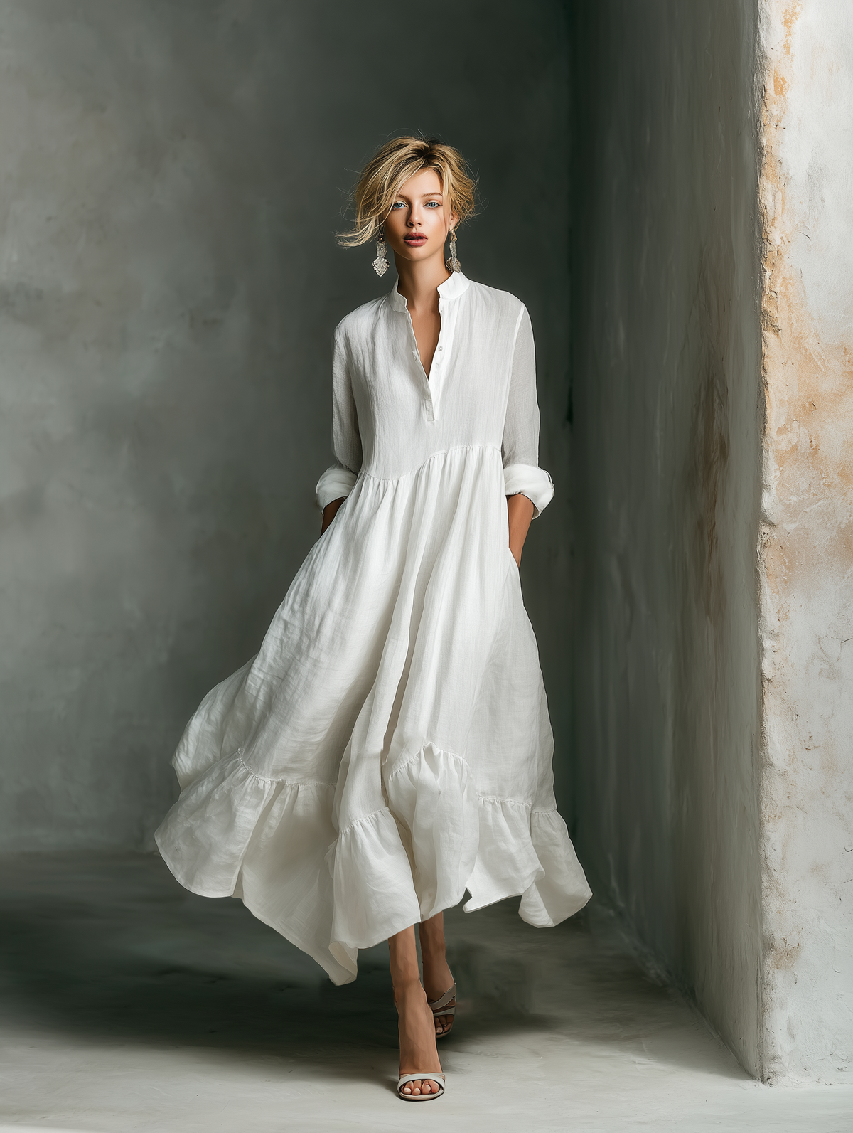 Women's V-Neck Long Sleeve Ruffled Hem White Maxi Dress