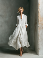 Women's V-Neck Long Sleeve Ruffled Hem White Maxi Dress