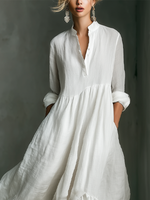 Women's V-Neck Long Sleeve Ruffled Hem White Maxi Dress