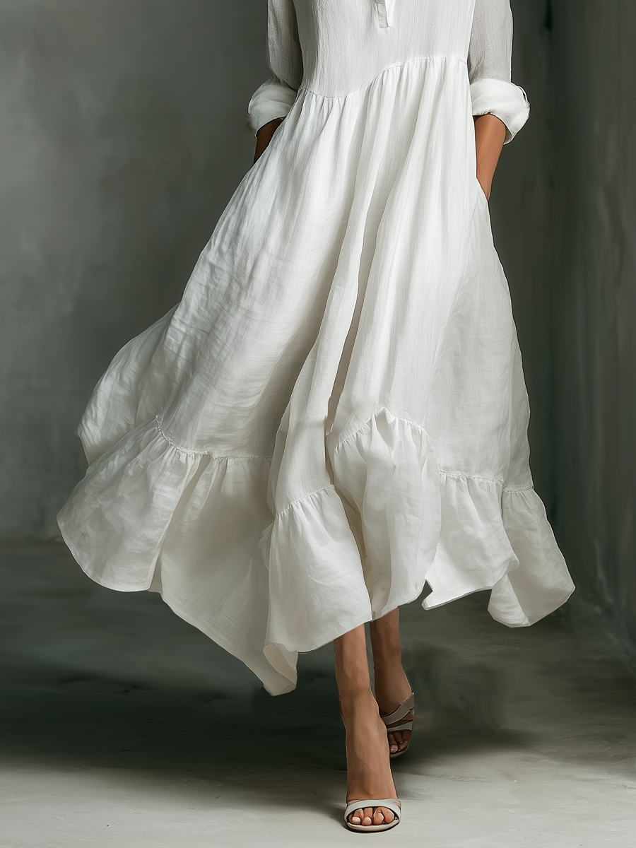 Women's V-Neck Long Sleeve Ruffled Hem White Maxi Dress
