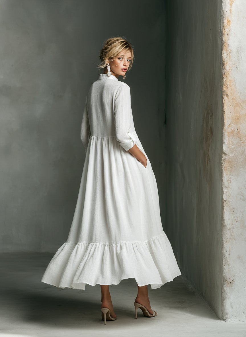 Women's V-Neck Long Sleeve Ruffled Hem White Maxi Dress