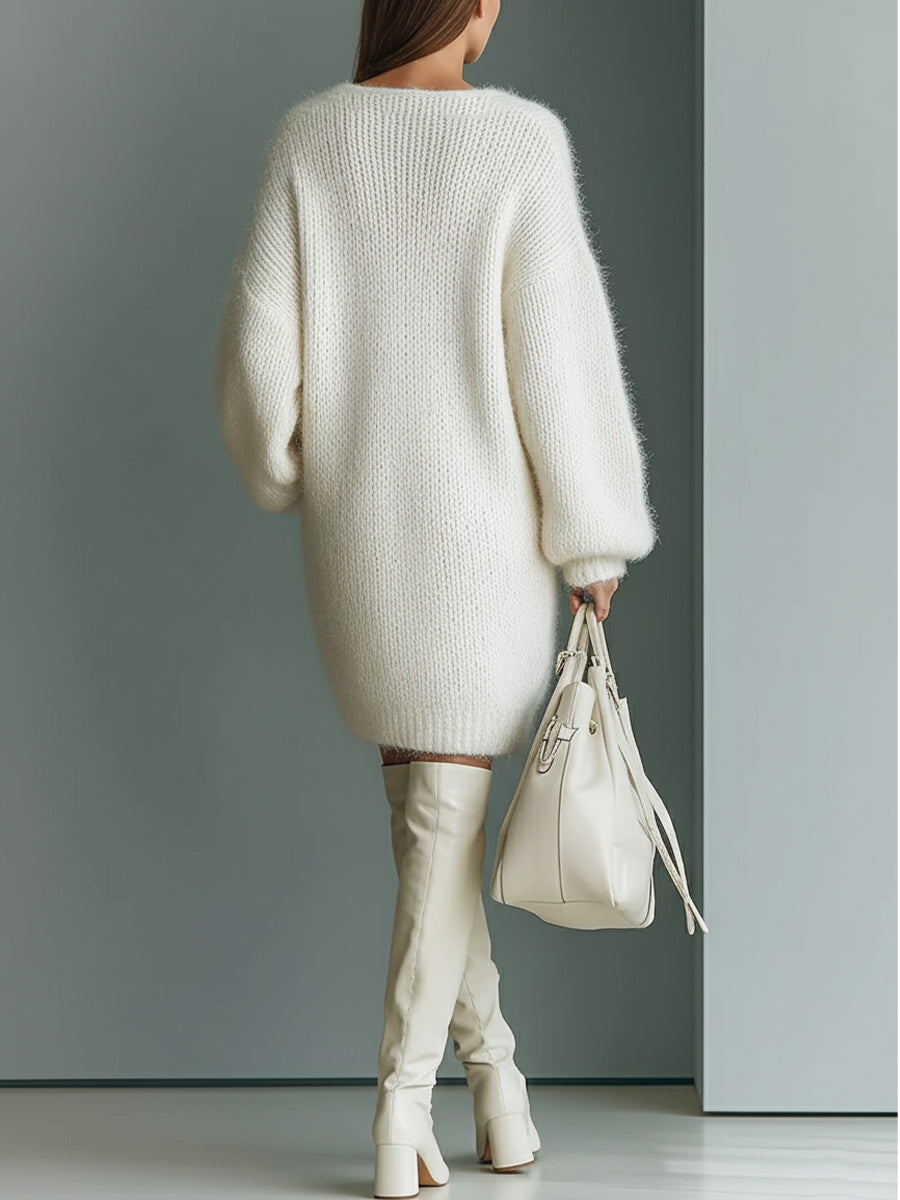 Women's V-Neck Long-Sleeve Textured Knit Sweater Mini Dress