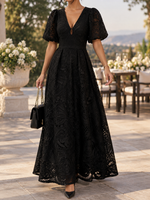 Women's V-Neck Puff-Sleeve Lace Maxi Dress