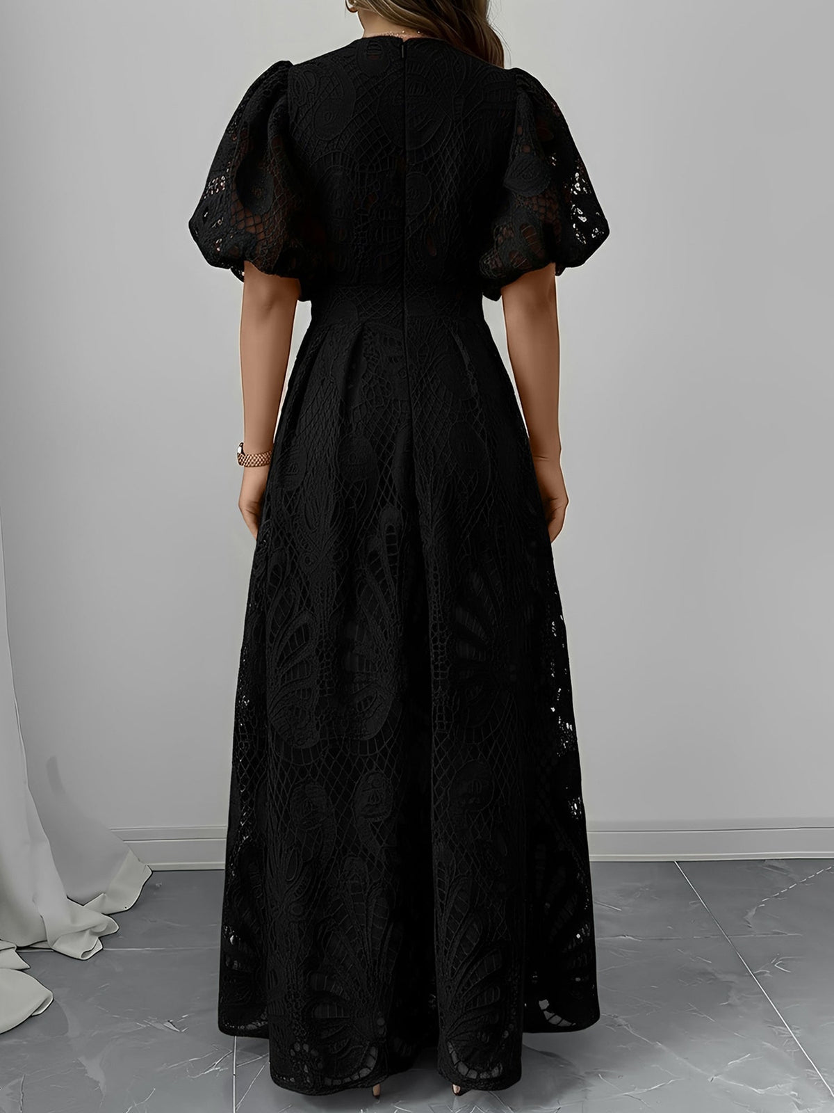Women's V-Neck Puff-Sleeve Lace Maxi Dress
