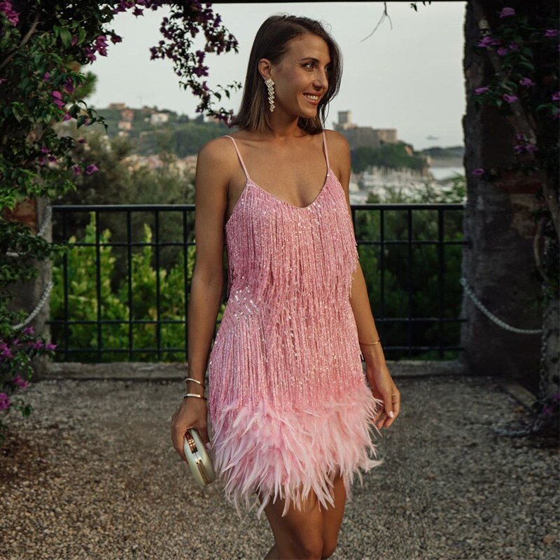 Women's V-Neck Spaghetti-Strap Feather Mini Dress