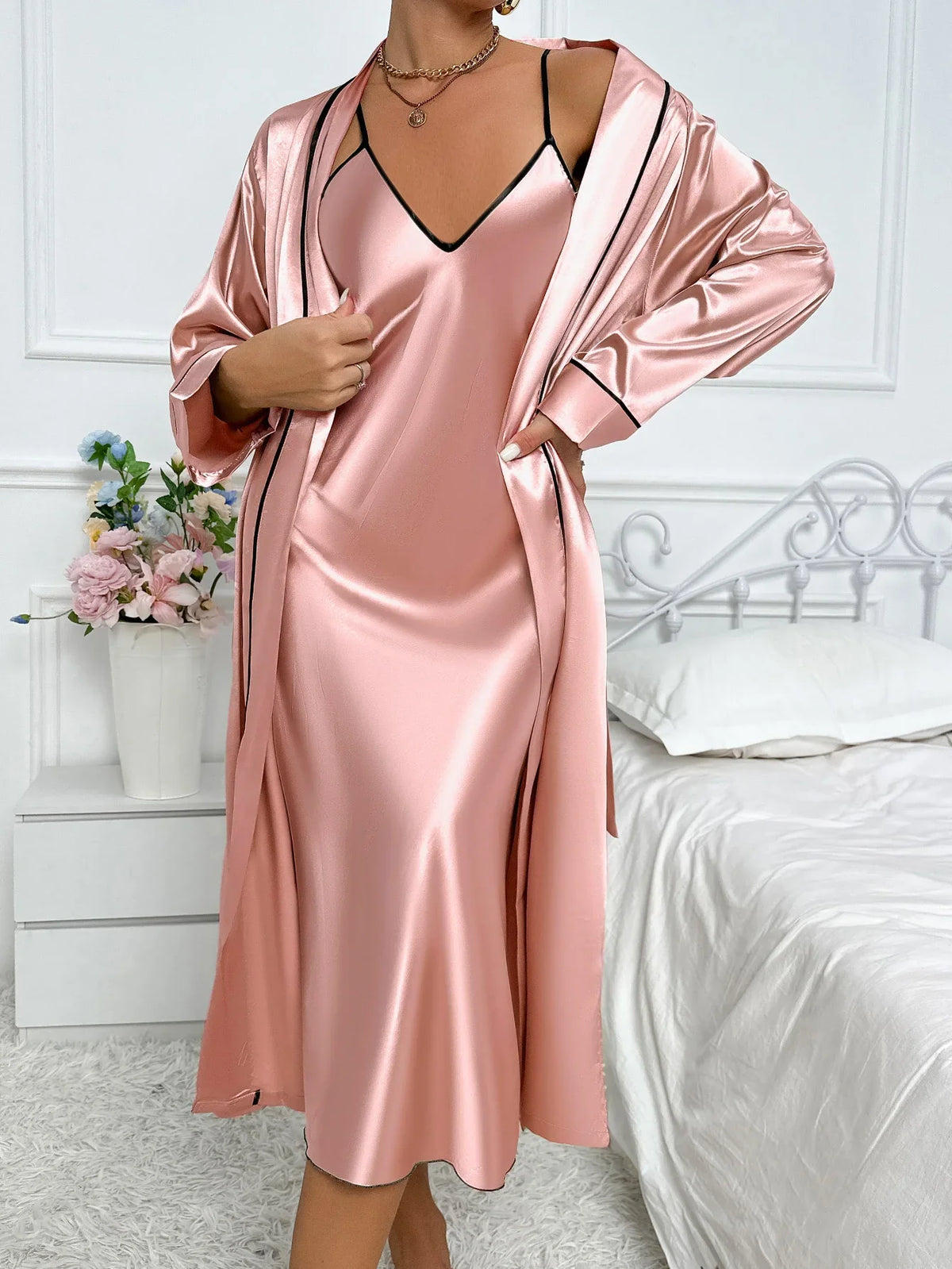 Women’s V-Neck Spaghetti Strap Nightgown and Robe 2 Piece Pajama Set