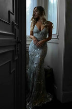 Women's V-Neck Spaghetti Strap Sequin Maxi Dress