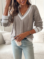 Women's V-Neck Striped Ribbed-Trim Cable Knit Sweater
