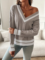 Women's V-Neck Striped Ribbed-Trim Cable Knit Sweater