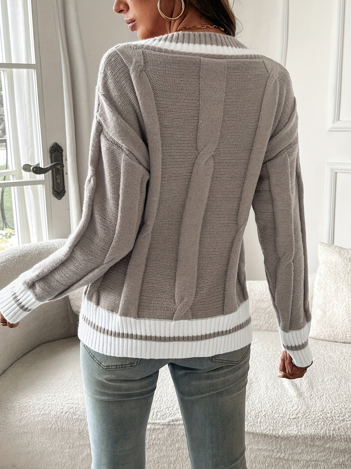 Women's V-Neck Striped Ribbed-Trim Cable Knit Sweater