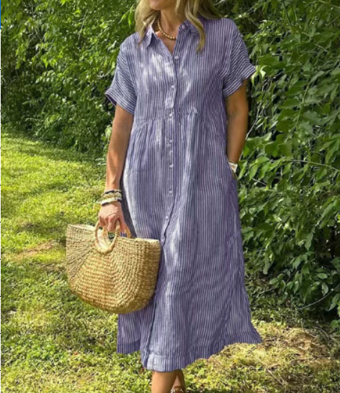 Women's Vertical Striped Button-Down Maxi Dress