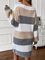 Women's Wide Round-Neck Long-Sleeve Striped Knit Sweater Dress