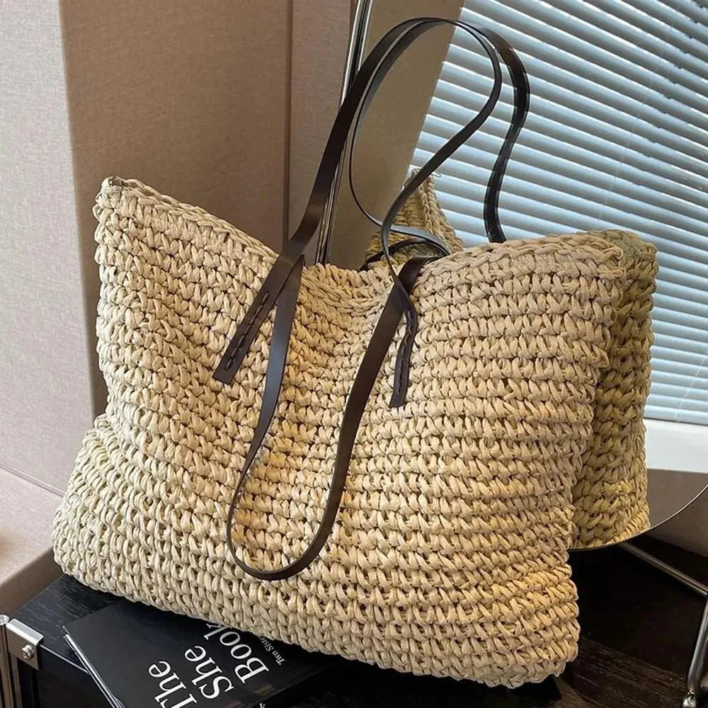 Women’s Woven Straw Look Large Shoulder Tote Bag