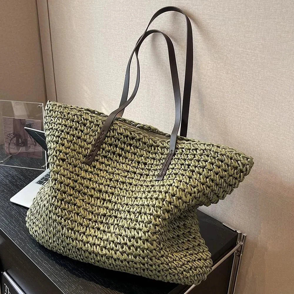 Women’s Woven Straw Look Large Shoulder Tote Bag