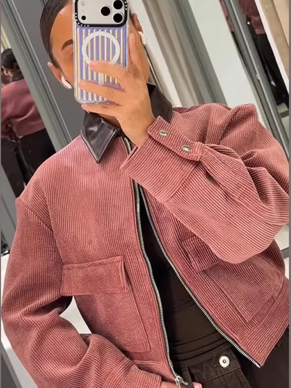 Women’s Zip Front Cropped Flap Pocket Bomber Jacket