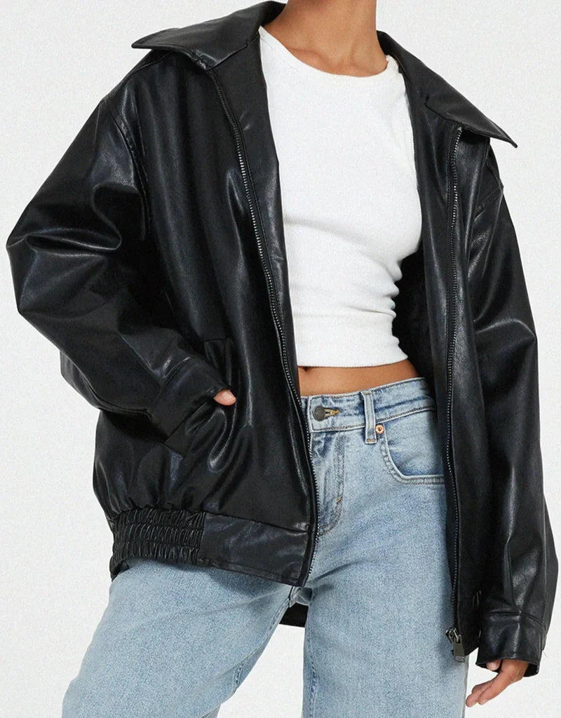 Women’s Zip Front Elastic Hem Oversized Leather Look Jacket