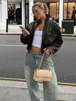 Women’s Zip Front Pocket Cropped Leather Look Jacket