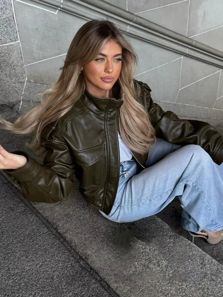 Women’s Zip Front Pocket Cropped Leather Look Jacket