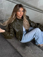 Women’s Zip Front Pocket Cropped Leather Look Jacket